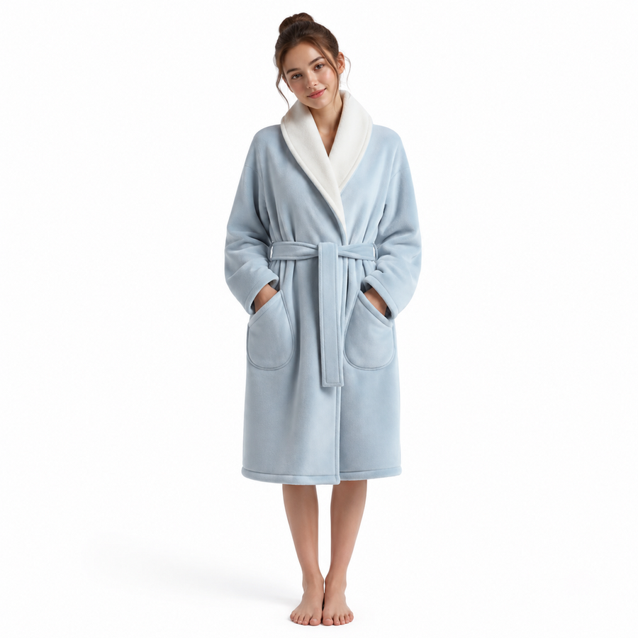 Women's Warm Cocoon Lounge Robe – Brushed Modal Cotton Knit | Cloud White & Mist Blue