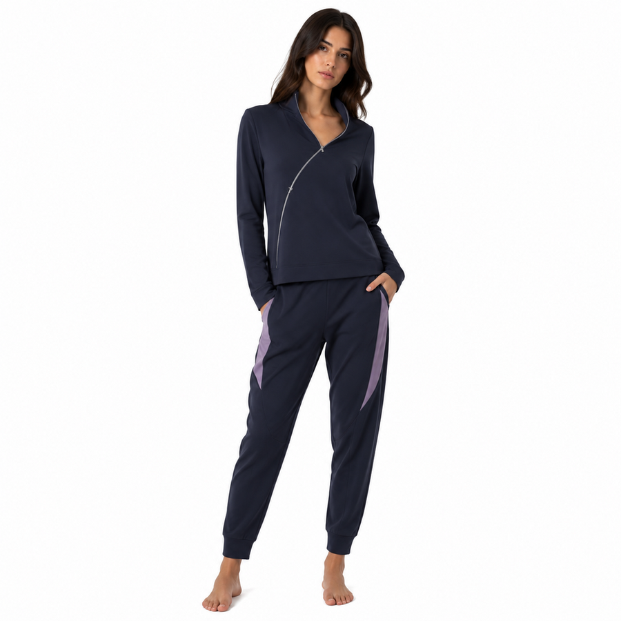 Women's Diagonal-Zip Lounge Set – Modal Tech Jersey | Midnight Navy & Silver