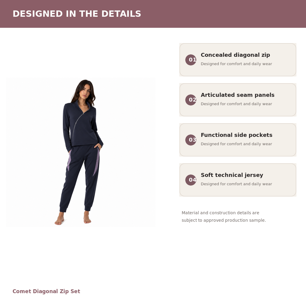 Women's Diagonal-Zip Lounge Set – Modal Tech Jersey | Midnight Navy & Silver