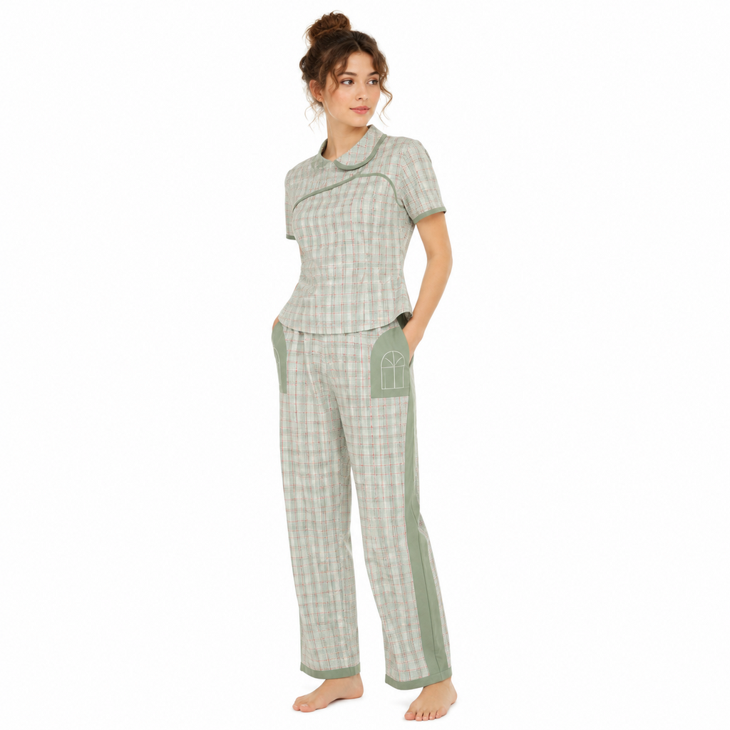 Women's Plaid Lounge Set – Cotton Modal Embroidered Interlock | Sage & Rose Cream