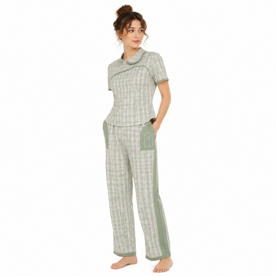 Women's Plaid Lounge Set – Cotton Modal Embroidered Interlock | Sage & Rose Cream