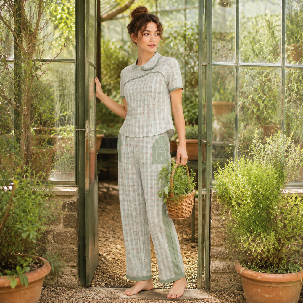Women's Plaid Lounge Set – Cotton Modal Embroidered Interlock | Sage & Rose Cream