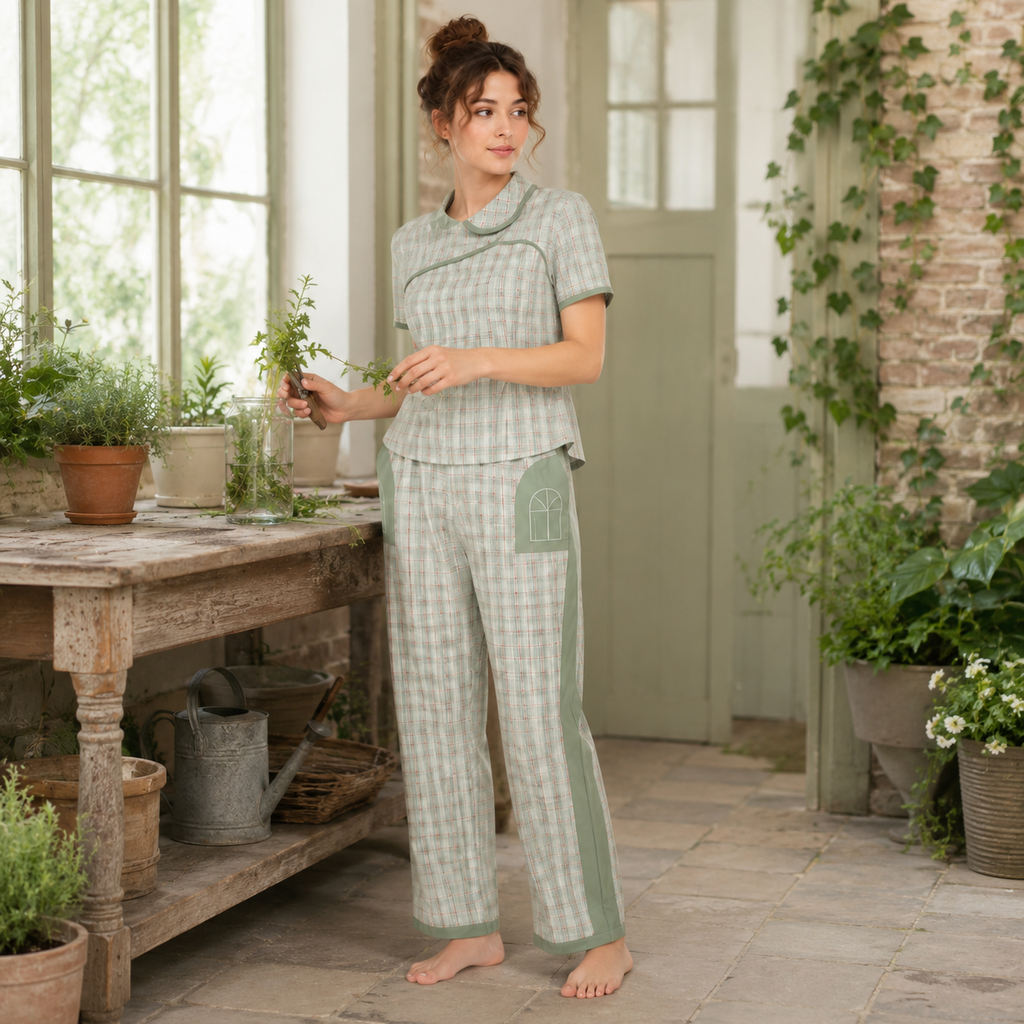 Women's Plaid Lounge Set – Cotton Modal Embroidered Interlock | Sage & Rose Cream