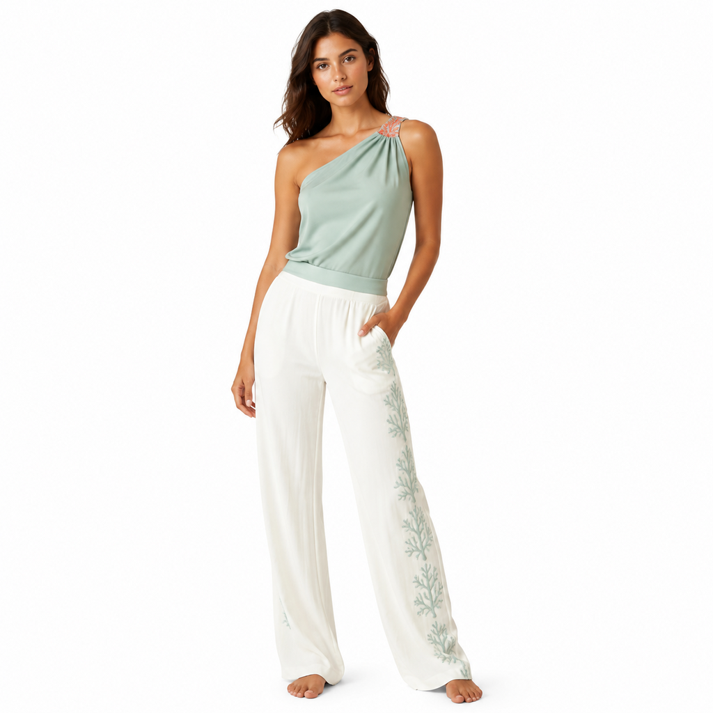 Women's One-Shoulder Lounge Set – Modal Jersey Recycled Satin | Pearl White & Seafoam