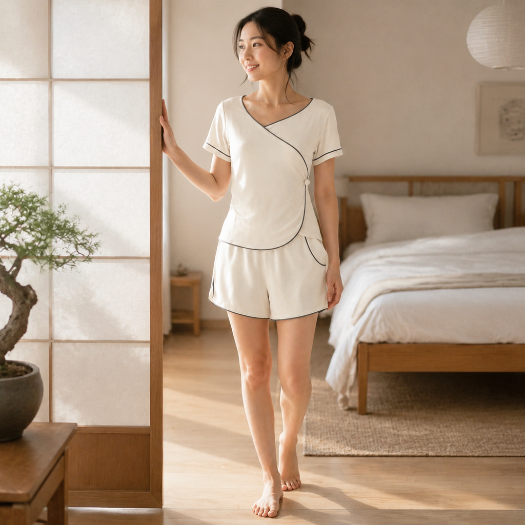 Women's Bias-Cut Lounge Two-Piece Set – Lyocell Cotton Jacquard | Moon White & Ink Grey