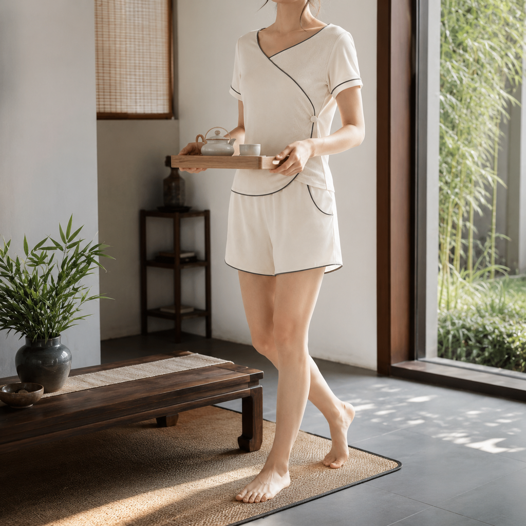 Women's Bias-Cut Lounge Two-Piece Set – Lyocell Cotton Jacquard | Moon White & Ink Grey
