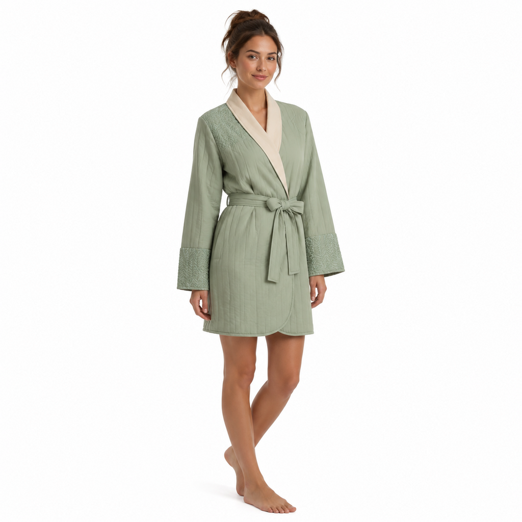 Women's Quilted Short Robe – Cotton Modal Embroidered Knit | Sage & Rose Cream