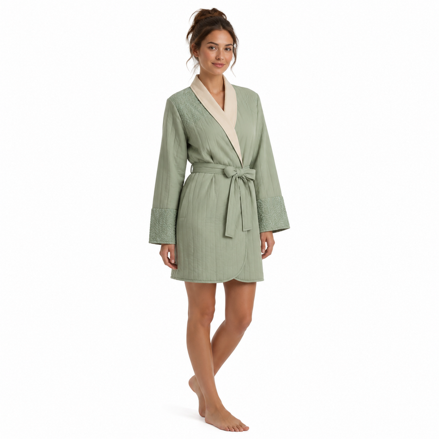 Women's Quilted Short Robe – Cotton Modal Embroidered Knit | Sage & Rose Cream