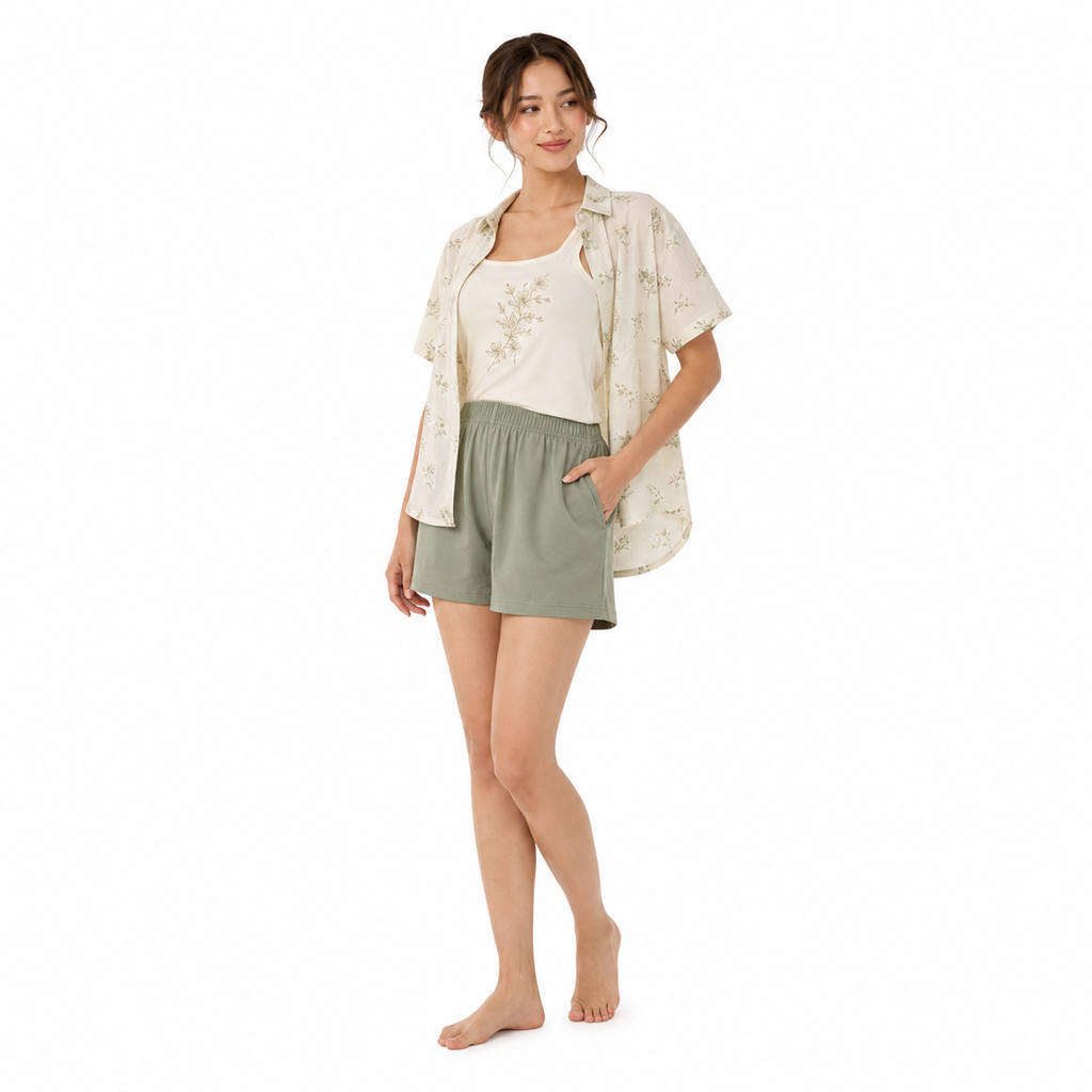 Women's Camisole 3-Piece Lounge Set – Cotton Modal Embroidered | Sage & Rose Cream
