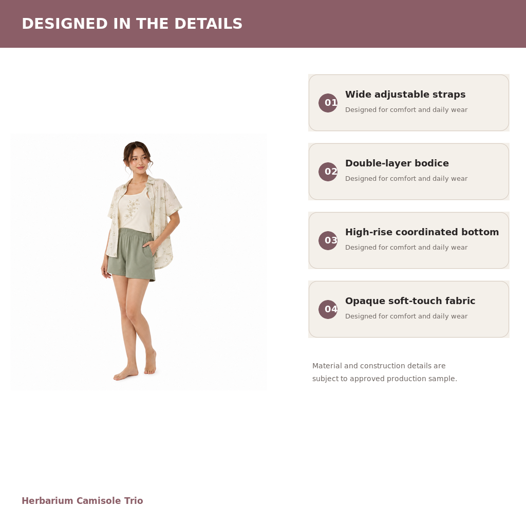 Women's Camisole 3-Piece Lounge Set – Cotton Modal Embroidered | Sage & Rose Cream