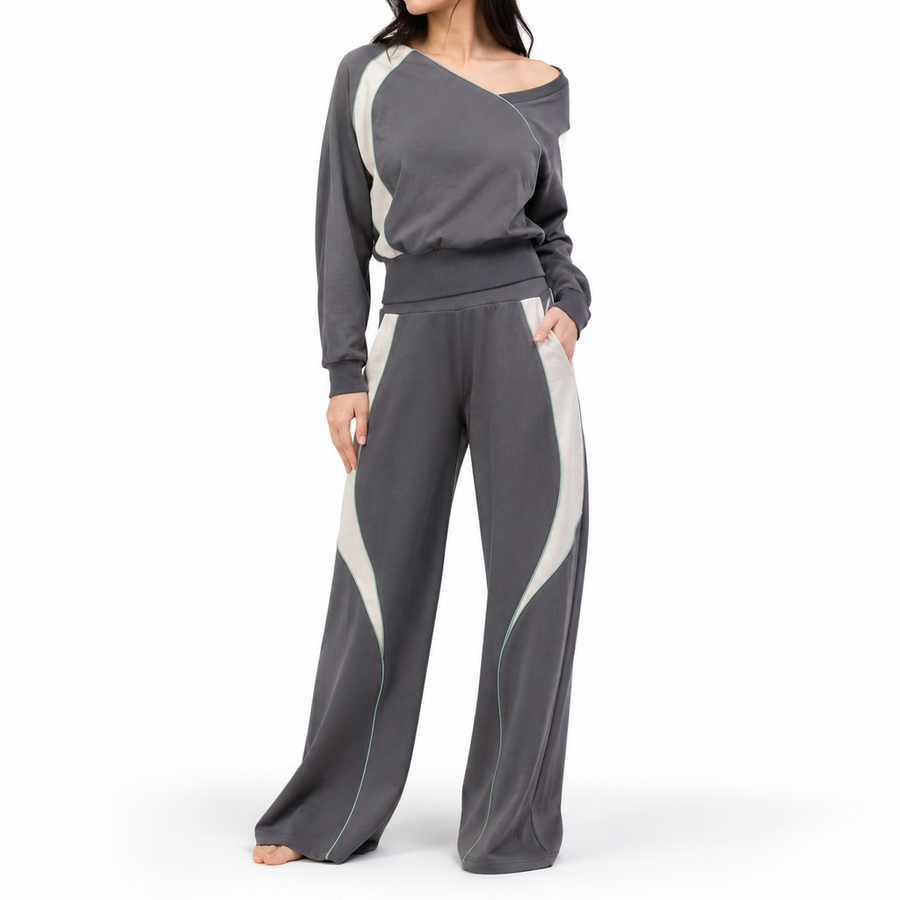 Women's Wide-Leg Cocoon Lounge Set – Lyocell Cotton Jacquard | Moon White & Ink Grey