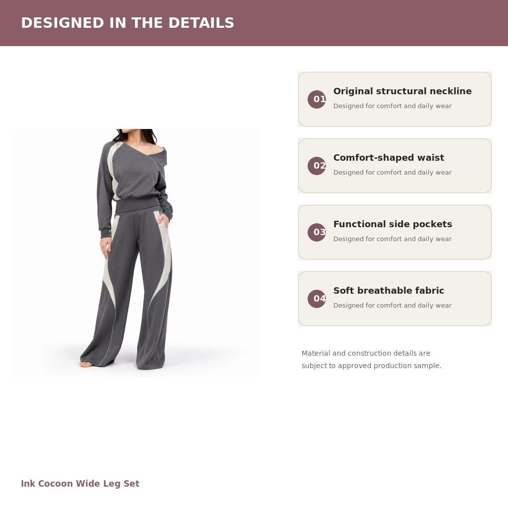 Women's Wide-Leg Cocoon Lounge Set – Lyocell Cotton Jacquard | Moon White & Ink Grey