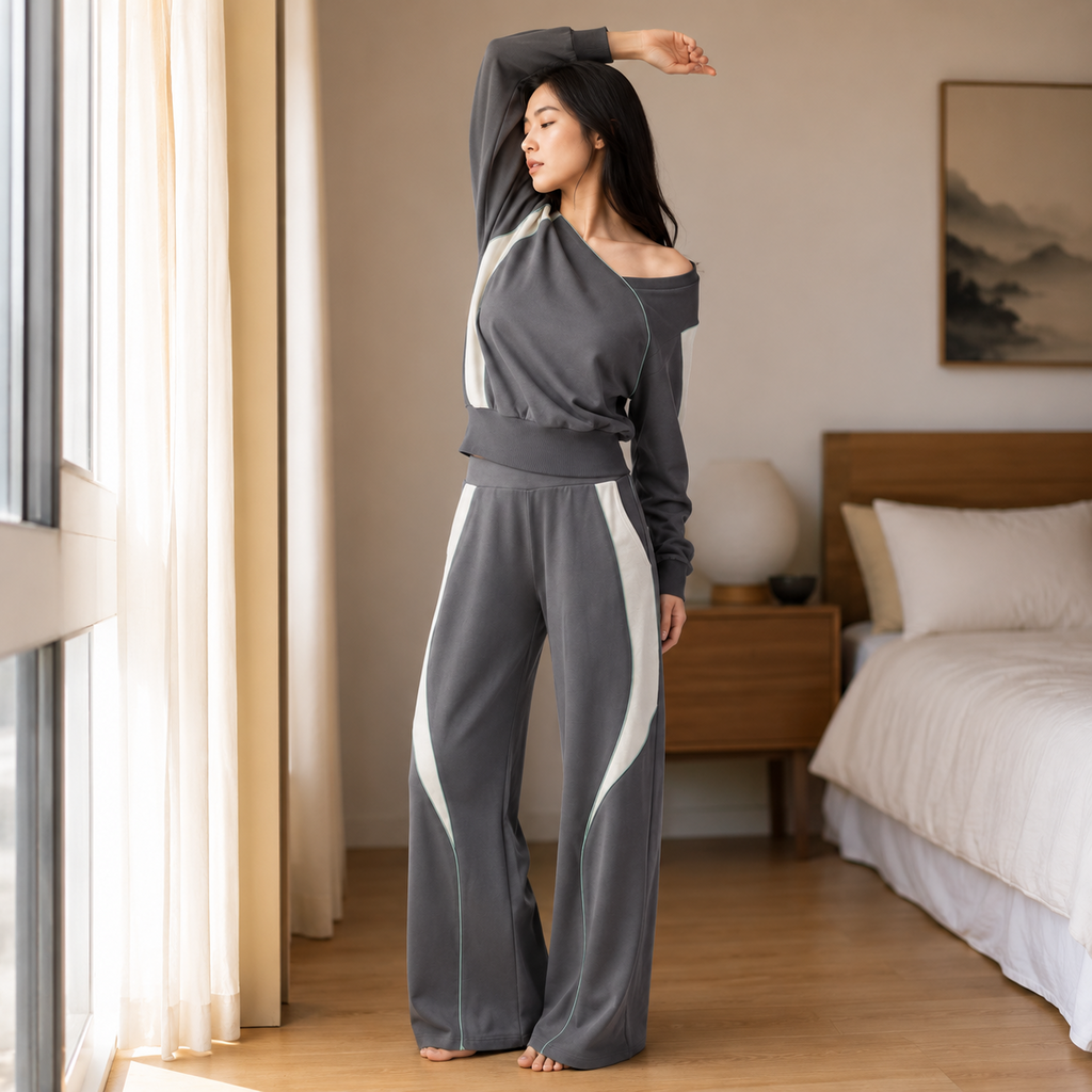 Women's Wide-Leg Cocoon Lounge Set – Lyocell Cotton Jacquard | Moon White & Ink Grey