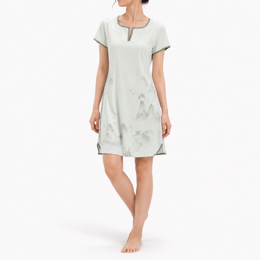 Women's Collar Sleep Dress – Lyocell Cotton Jacquard Jersey | Moon White & Ink Grey