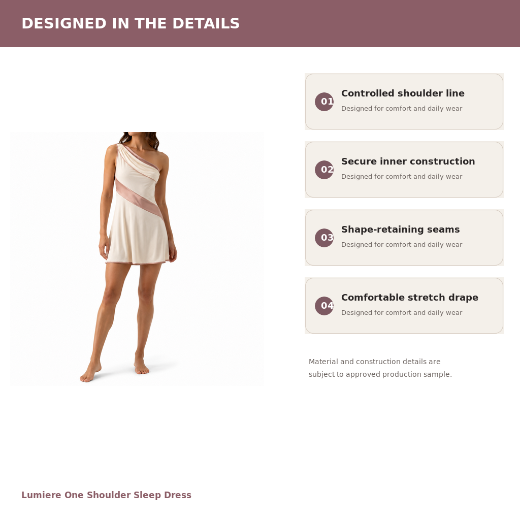 Women's One-Shoulder Sleep Dress – Modal Cotton Satin Knit | Mist Ivory & Dust Rose