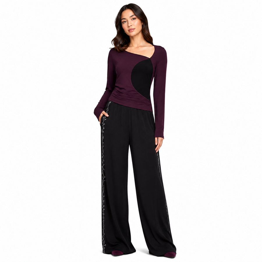 Women's Wide-Leg Curve Lounge Set – Recycled Satin Modal Jersey | Midnight Plum & Black