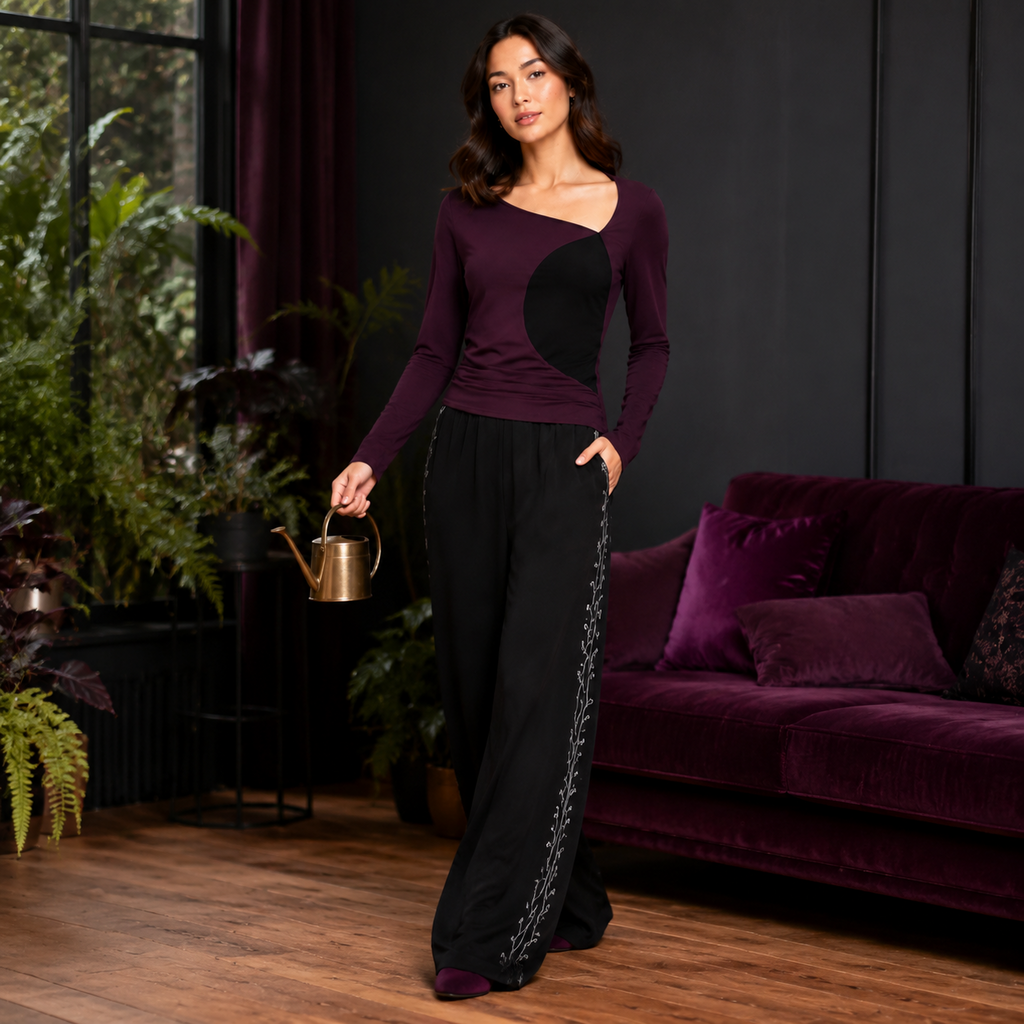 Women's Wide-Leg Curve Lounge Set – Recycled Satin Modal Jersey | Midnight Plum & Black