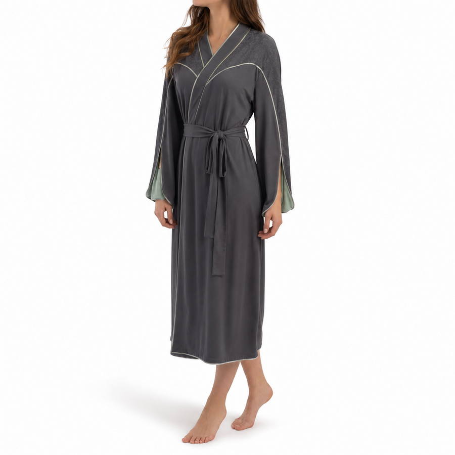 Women's Long Robe with Window Detail – Lyocell Cotton Jacquard | Moon White & Ink Grey