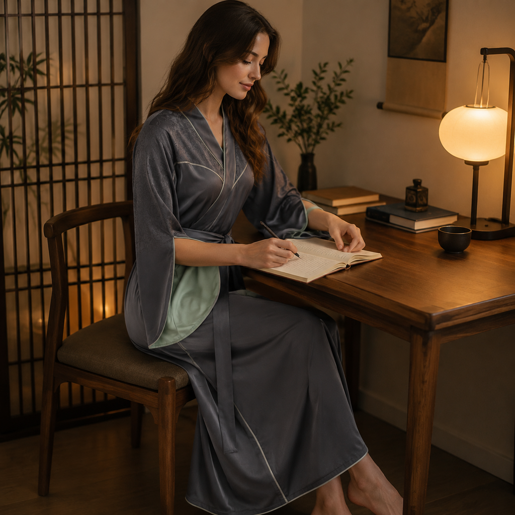 Women's Long Robe with Window Detail – Lyocell Cotton Jacquard | Moon White & Ink Grey