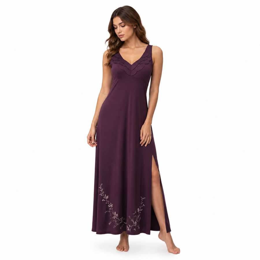 Women's Long Satin Sleep Dress – Recycled Satin Modal Jersey | Midnight Plum & Black