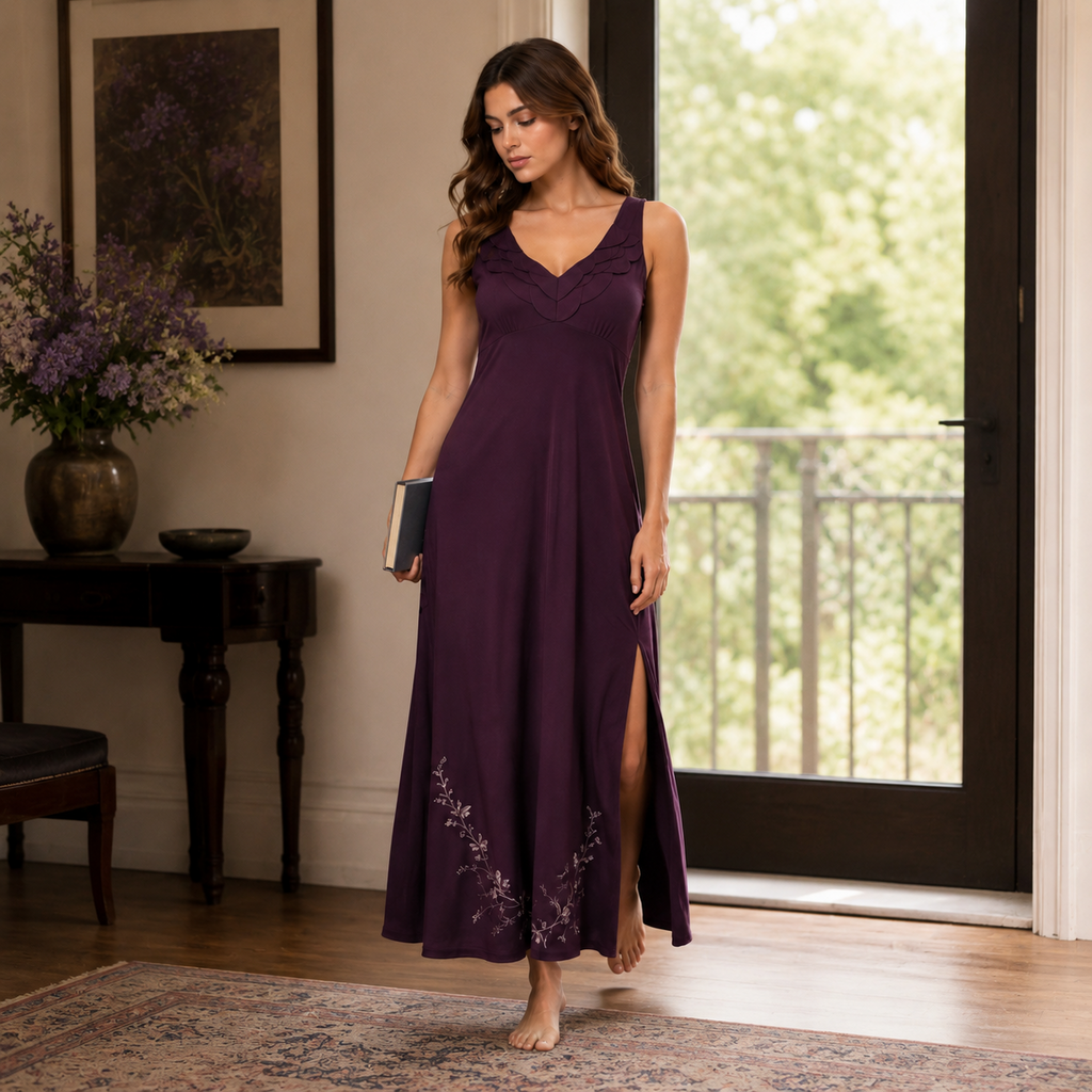 Women's Long Satin Sleep Dress – Recycled Satin Modal Jersey | Midnight Plum & Black