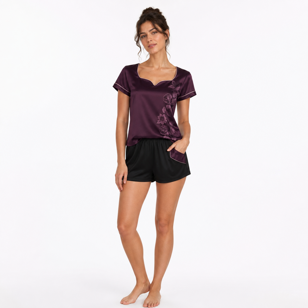 Women's Satin Short Lounge Set – Recycled Satin Modal Jersey | Midnight Plum & Black
