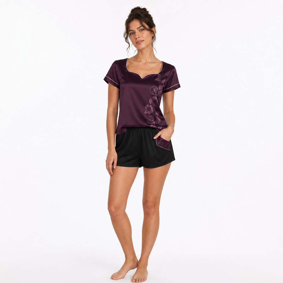 Women's Satin Short Lounge Set – Recycled Satin Modal Jersey | Midnight Plum & Black