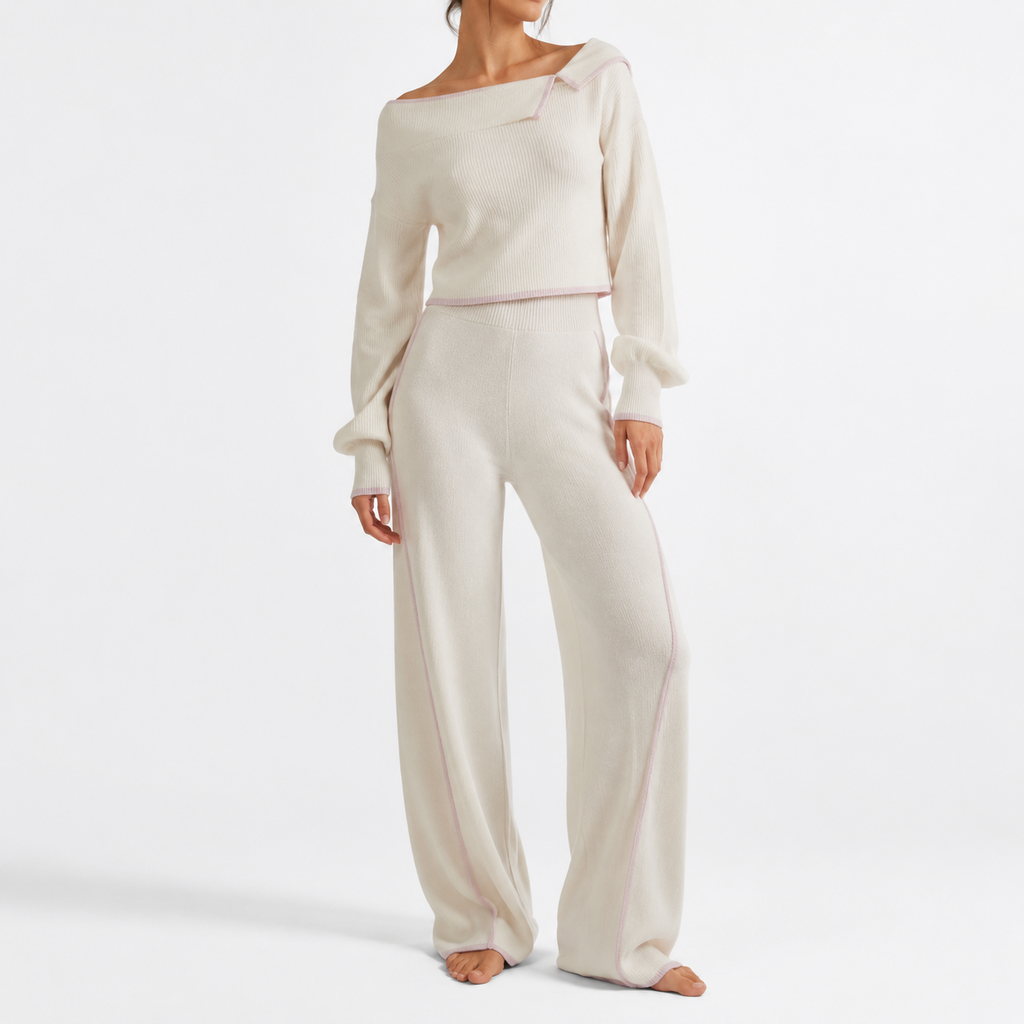 Women's Knit Lounge Set Wide-Leg – Modal Cotton Satin | Mist Ivory & Dust Rose