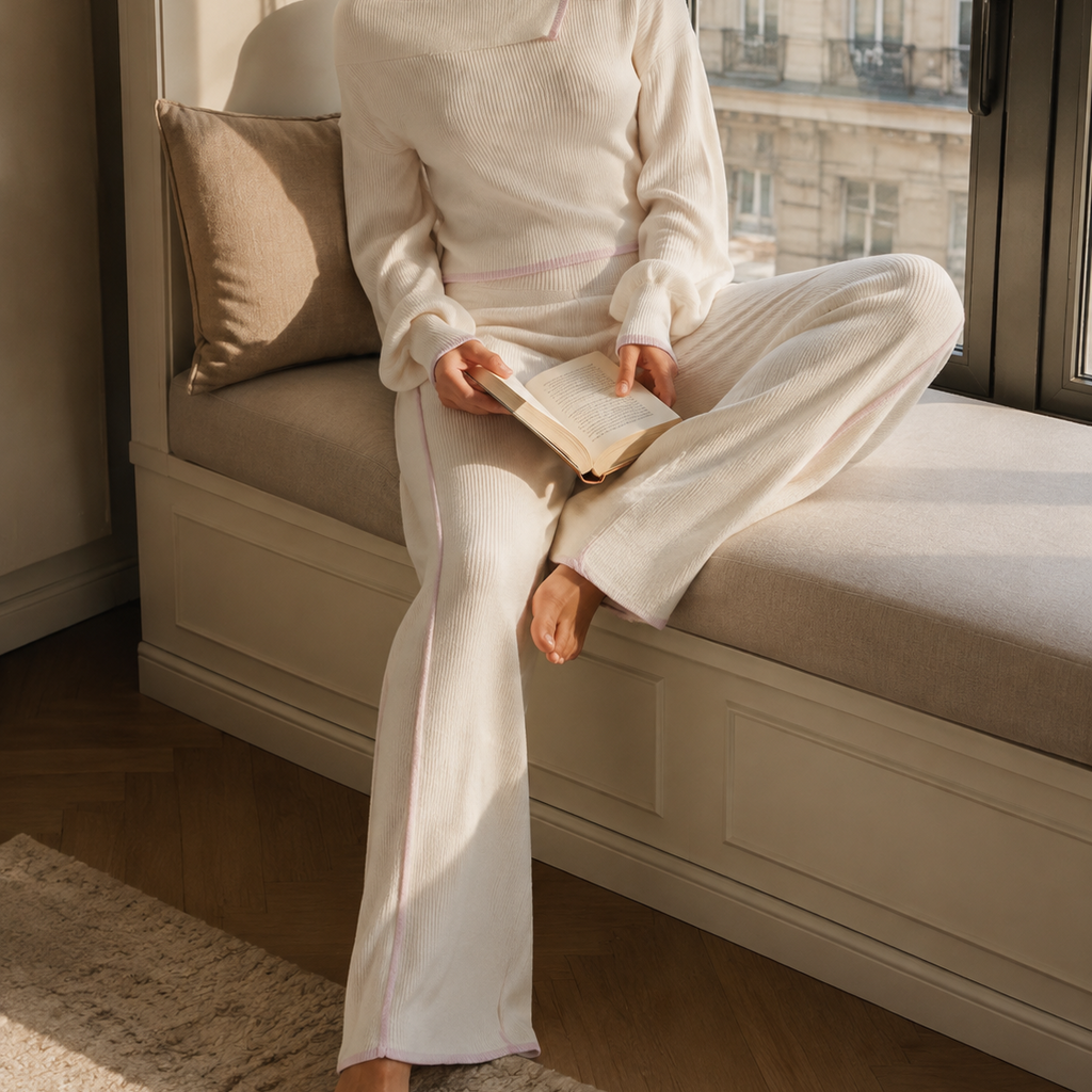 Women's Knit Lounge Set Wide-Leg – Modal Cotton Satin | Mist Ivory & Dust Rose