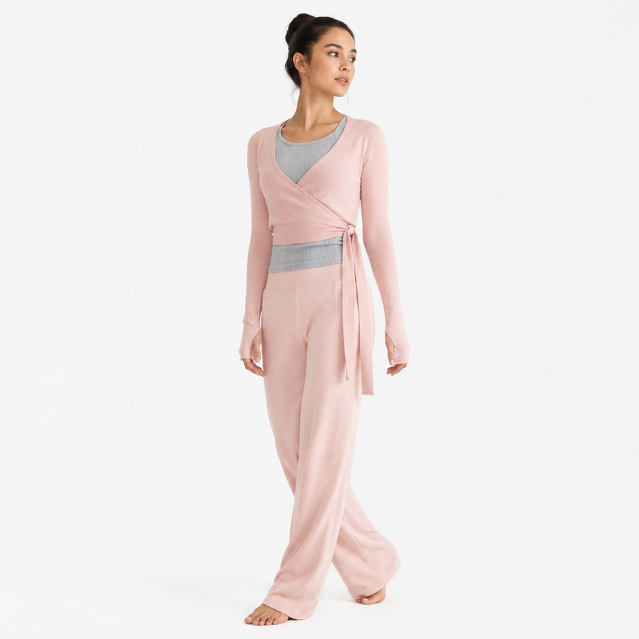 Women's 3-Piece Warm-Up Lounge Set – Viscose Modal Knit | Ballet Pink & Heather Grey