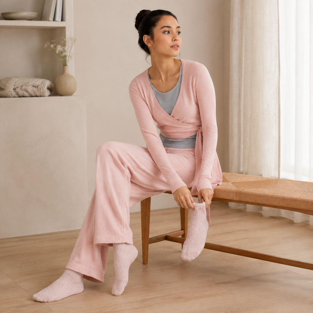Women's 3-Piece Warm-Up Lounge Set – Viscose Modal Knit | Ballet Pink & Heather Grey
