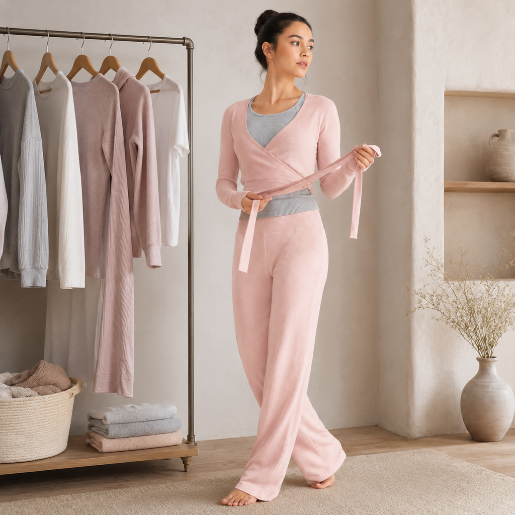 Women's 3-Piece Warm-Up Lounge Set – Viscose Modal Knit | Ballet Pink & Heather Grey