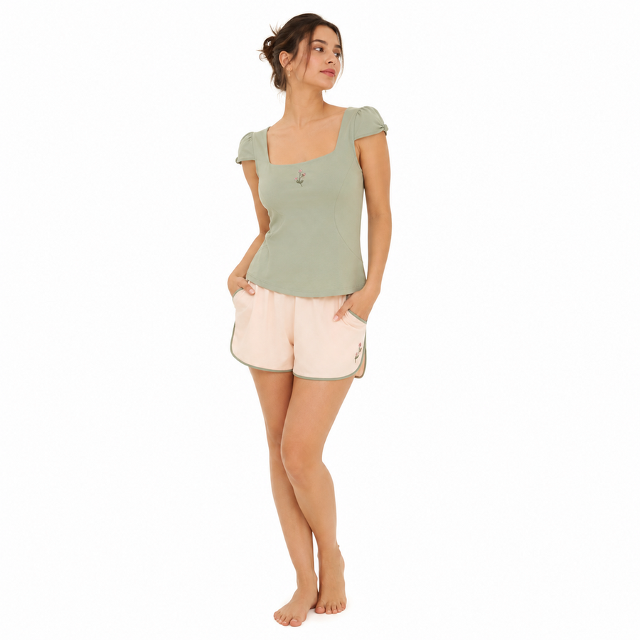 Women's Embroidered Sleeve Short Lounge Set – Cotton Modal Interlock | Sage & Rose Cream