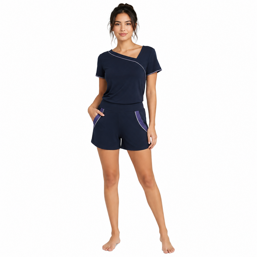 Women's Reflective-Detail Short Lounge Set – Modal Tech Jersey | Midnight Navy & Silver