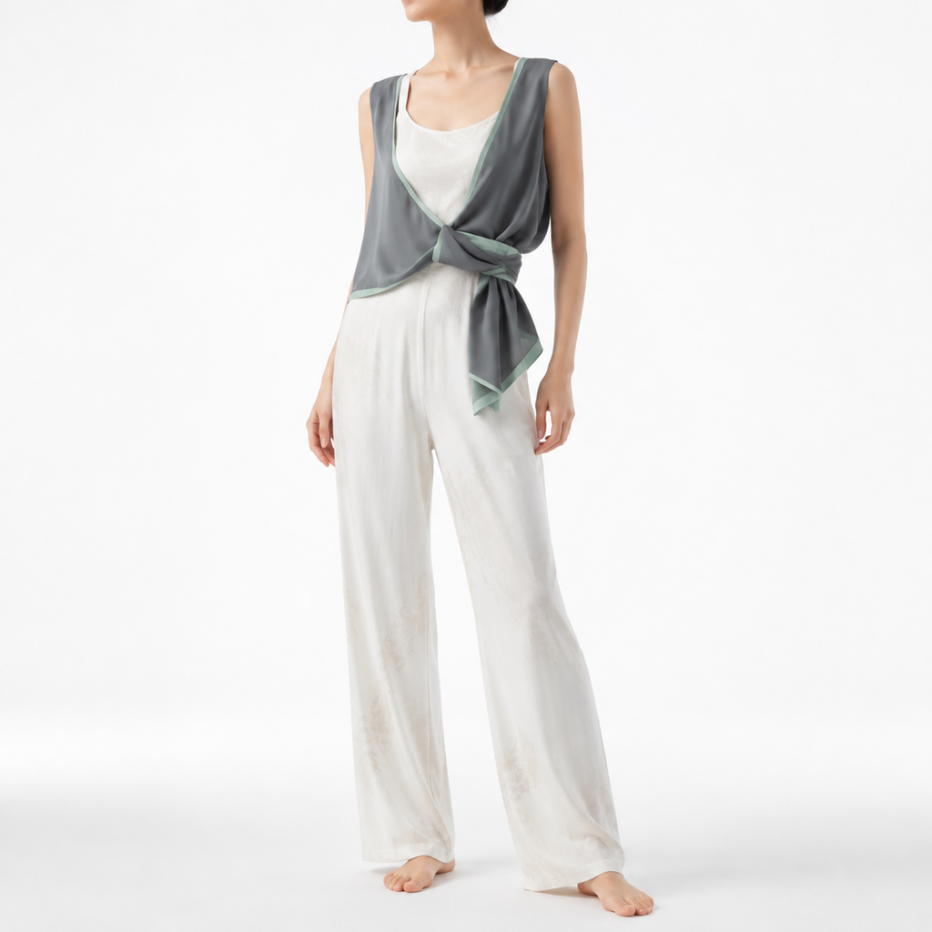 Women's 3-Piece Knot-Detail Lounge Set – Lyocell Cotton Jacquard | Moon White & Ink Grey