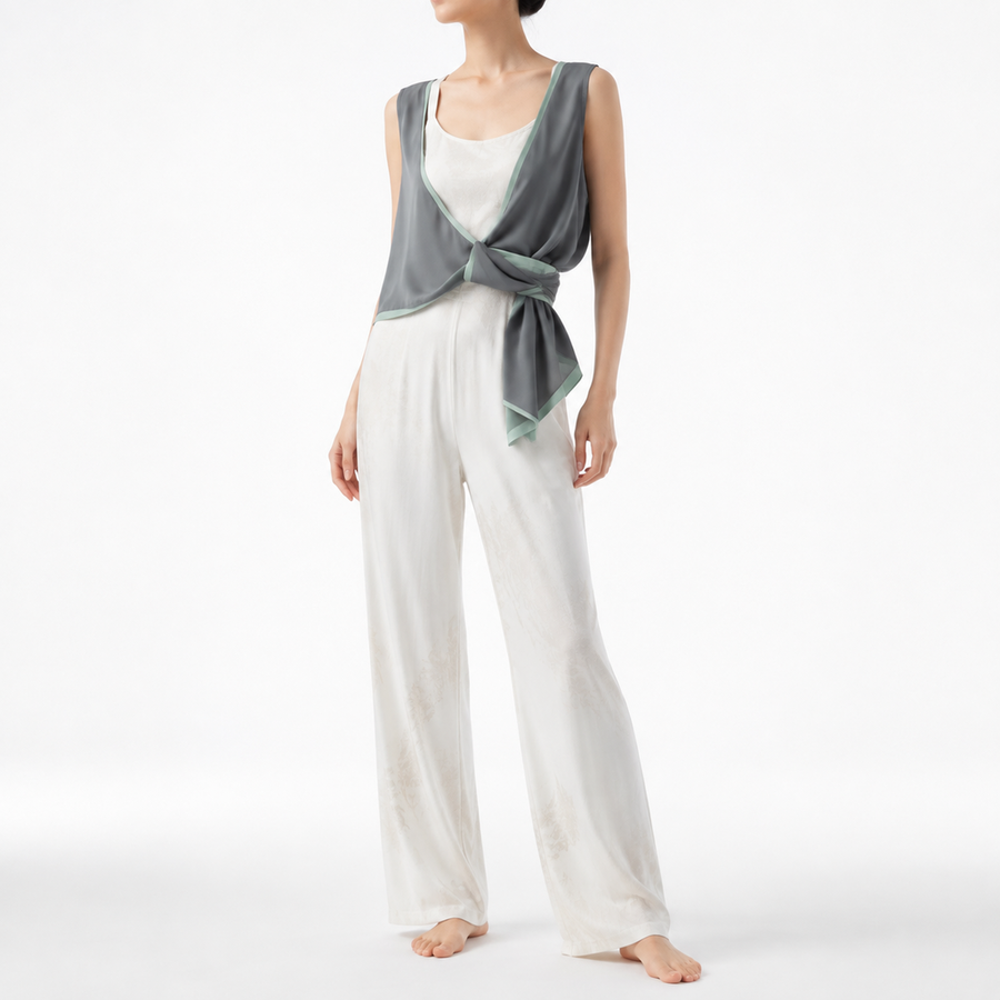 Women's 3-Piece Knot-Detail Lounge Set – Lyocell Cotton Jacquard | Moon White & Ink Grey