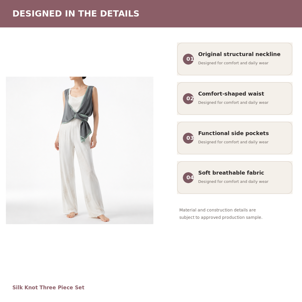Women's 3-Piece Knot-Detail Lounge Set – Lyocell Cotton Jacquard | Moon White & Ink Grey