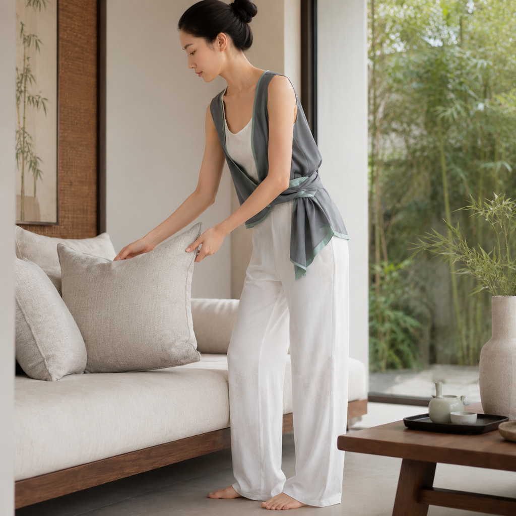 Women's 3-Piece Knot-Detail Lounge Set – Lyocell Cotton Jacquard | Moon White & Ink Grey
