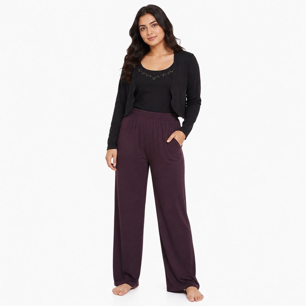 Women's Camisole 3-Piece Lounge Set – Recycled Satin Modal Jersey | Midnight Plum & Black