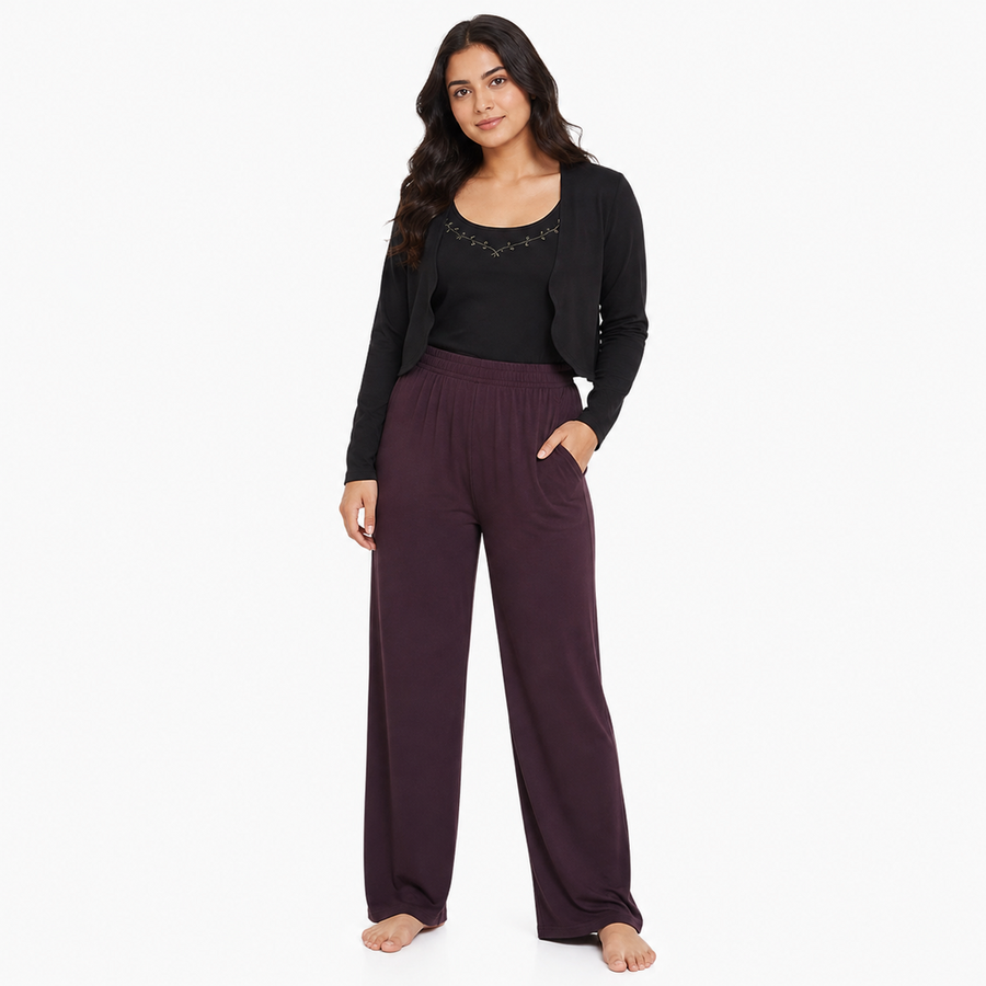 Women's Camisole 3-Piece Lounge Set – Recycled Satin Modal Jersey | Midnight Plum & Black