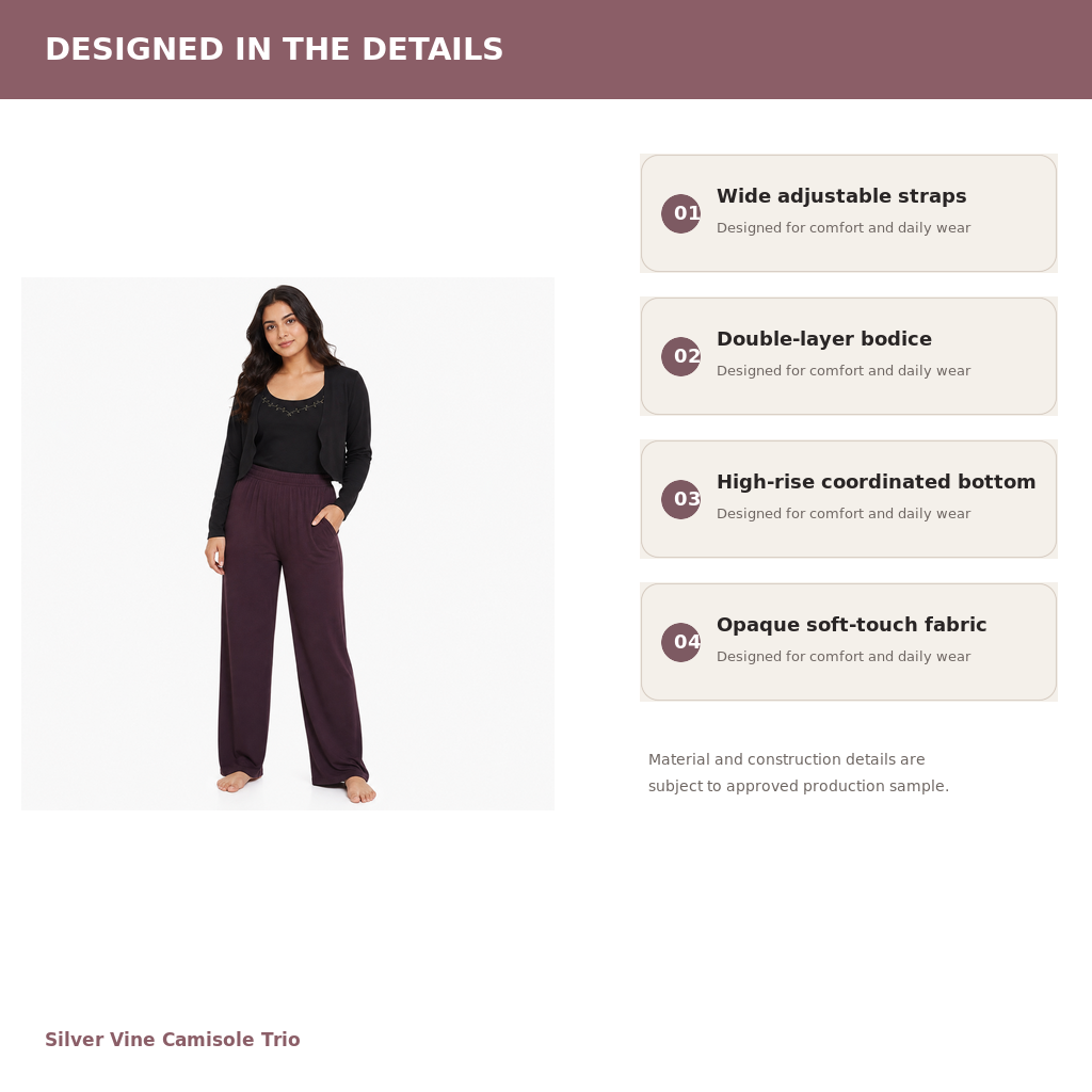 Women's Camisole 3-Piece Lounge Set – Recycled Satin Modal Jersey | Midnight Plum & Black