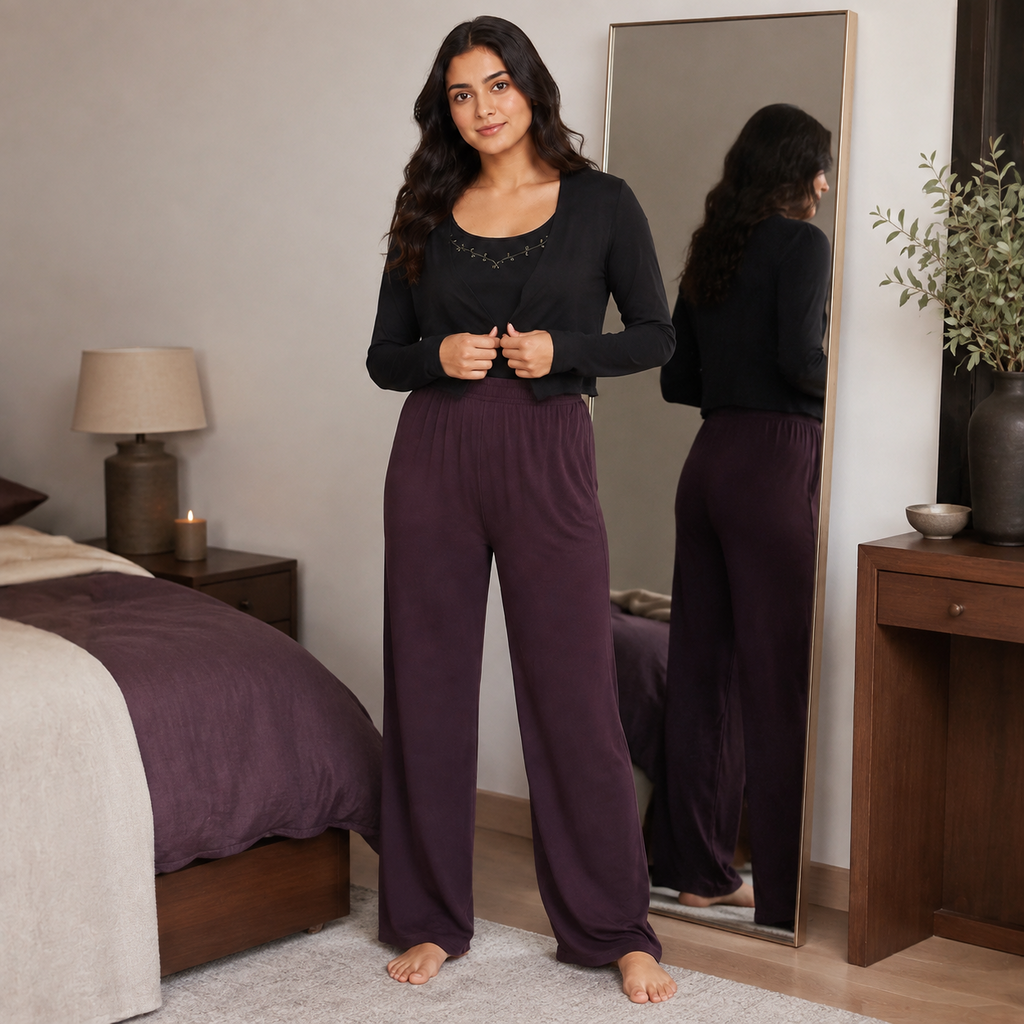 Women's Camisole 3-Piece Lounge Set – Recycled Satin Modal Jersey | Midnight Plum & Black