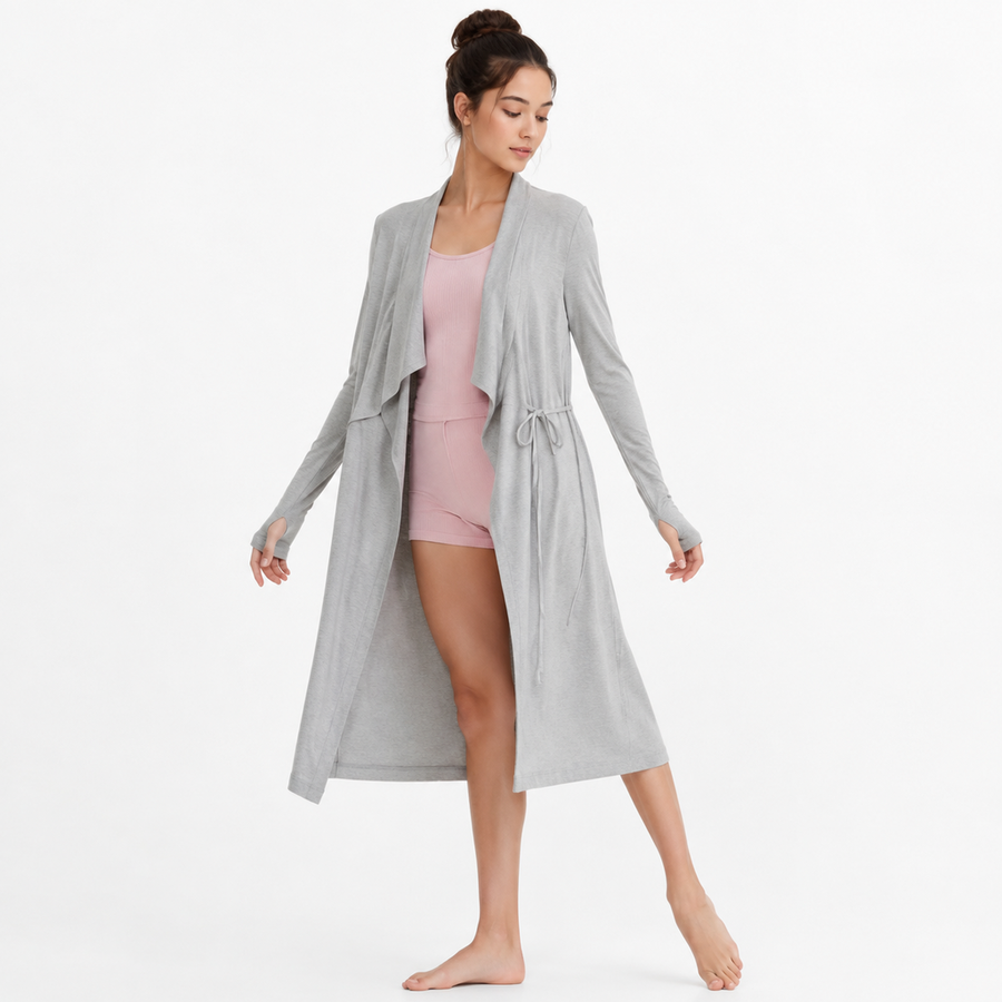 Women's Long Knit Lounge Coat – Viscose Modal Soft Mesh | Ballet Pink & Heather Grey