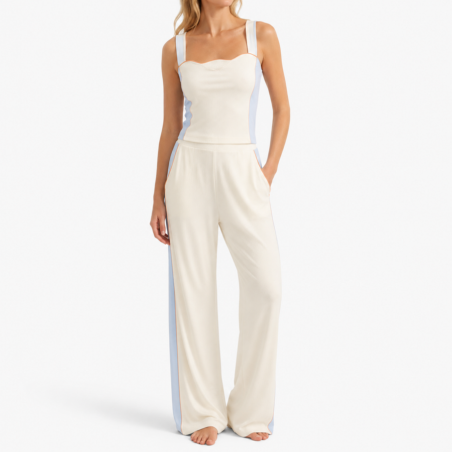 Women's Camisole & Wide-Leg Pant Lounge Set – Cotton Modal Jersey | Sun Cream & Sky Blue